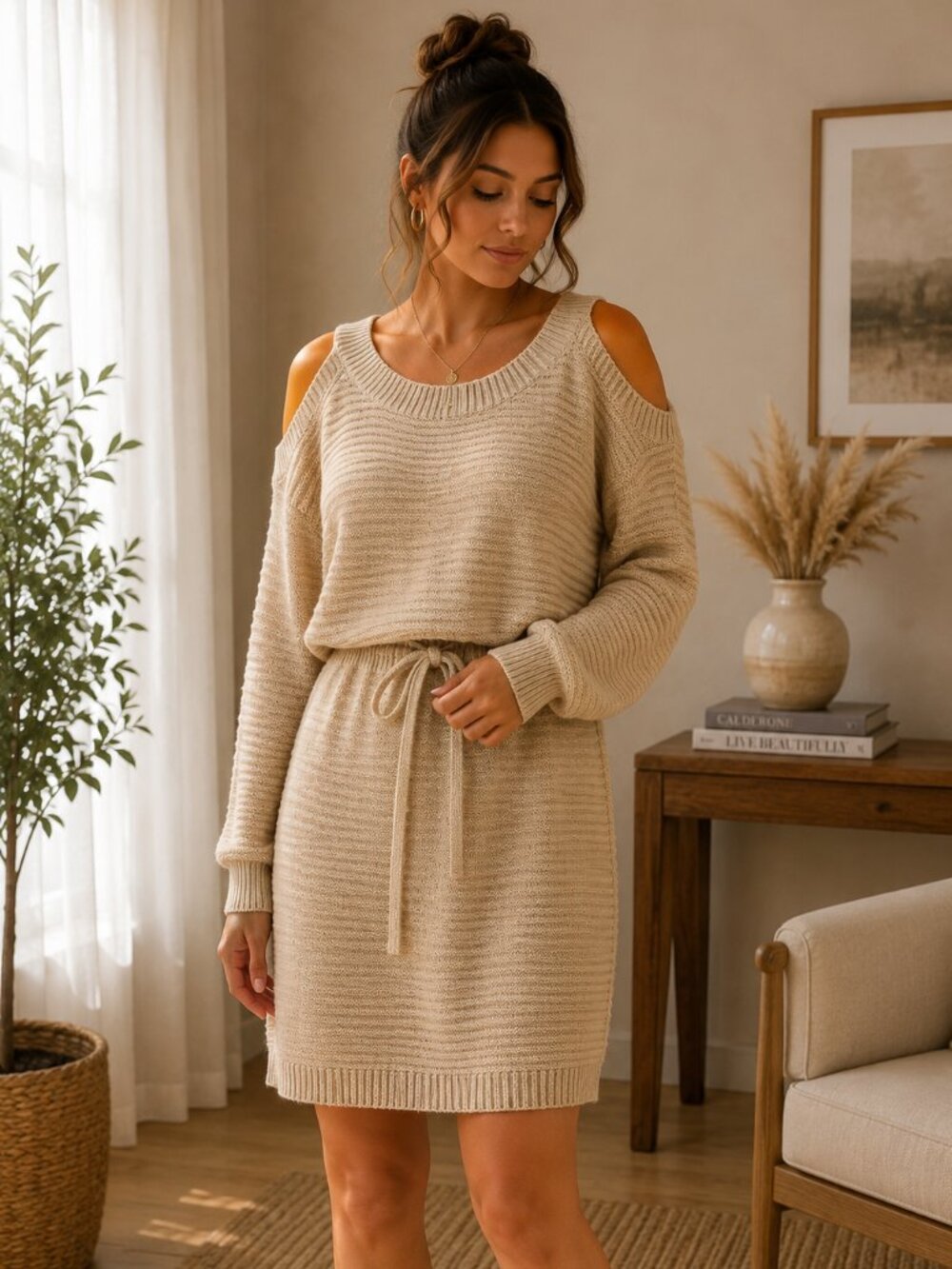 Full Circle Trends Cold Shoulder Sweater Dress Tan Knit Medium